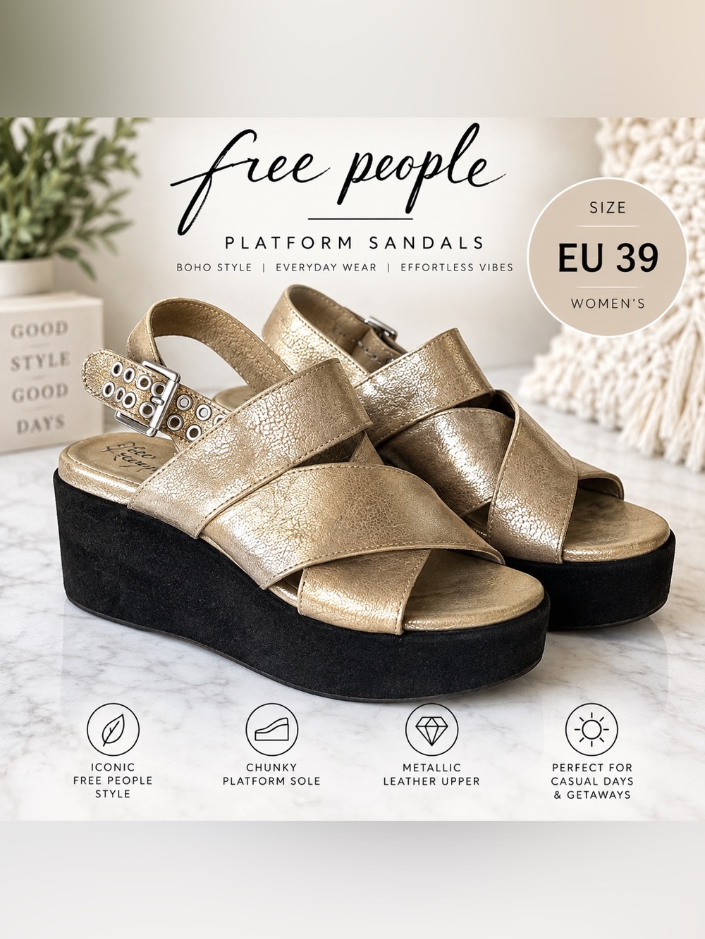 Free People Metallic Gold Platform Sandals EU 39 Strappy Slingback Wedge
